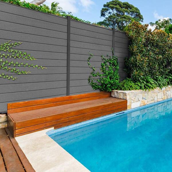 Complete Kit 6 ft. x 6 ft. Gray WPC Composite Fence Panel w/Bottom Squared Holders and Post Kits (1 set)