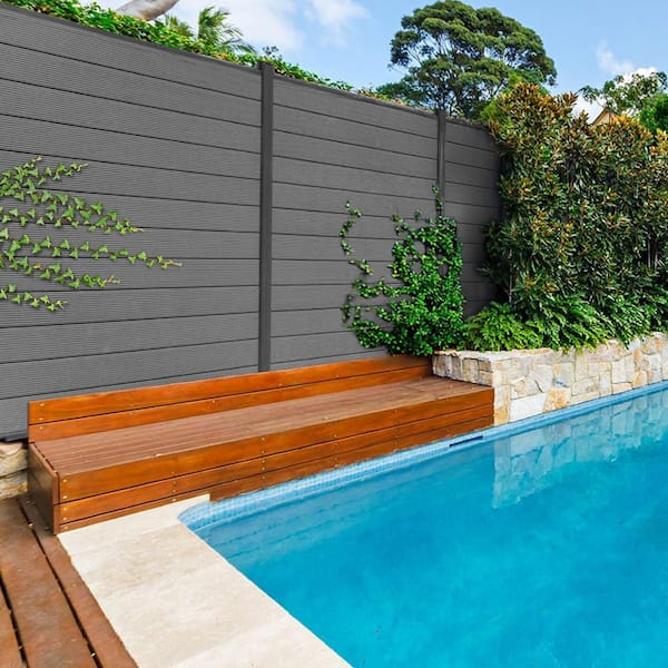 Complete Kit 6 ft. x 6 ft. Gray WPC Composite Fence Panel w/Bottom Squared Holders and Post Kits (2 set)