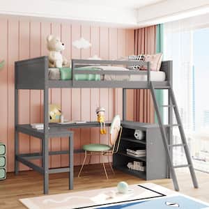 Gray Full Size Wooden Loft Bed Frame with Bookshelves and L-shaped Desk, Full Kids Wood Loft Bed with Inclined Ladder