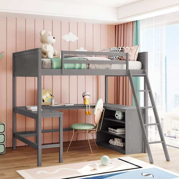ANBAZAR Gray Full Size Wooden Loft Bed Frame with Bookshelves and L-shaped Desk, Full Kids Wood Loft Bed with Inclined Ladder