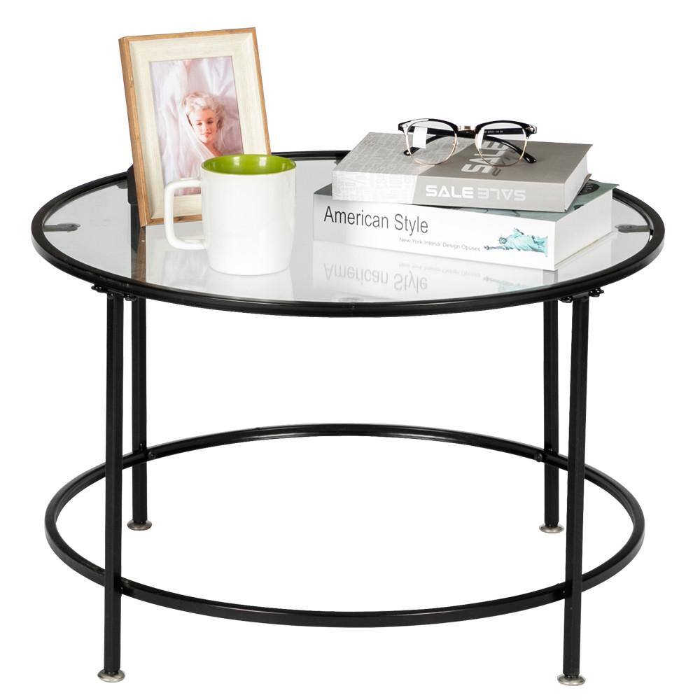 26" Round Tempered Glass Coffee Table with Black Metal Frame