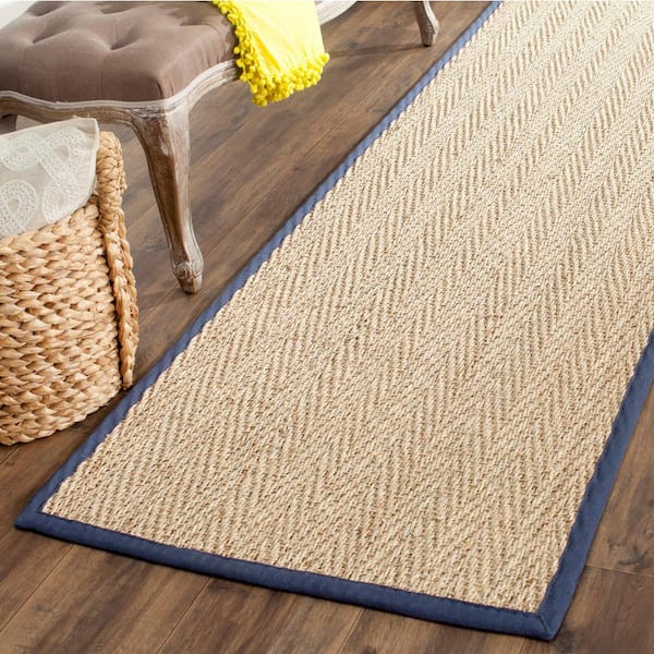 Natural Fiber Beige/Blue 3 ft. x 16 ft. Border Runner Rug
