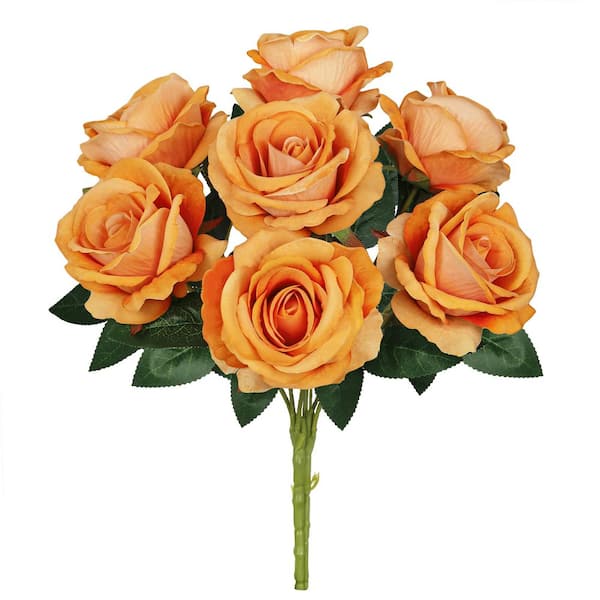 LIVING LUXURY 16 in. Orange Artificial Velvet Rose Flower Stem Bush Bouquet (Set of 2)