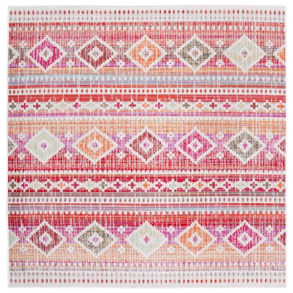 SAFAVIEH Montage Red/Fuchsia 7 ft. x 7 ft. Striped Tribal Ikat Indoor/Outdoor Patio  Square Area Rug