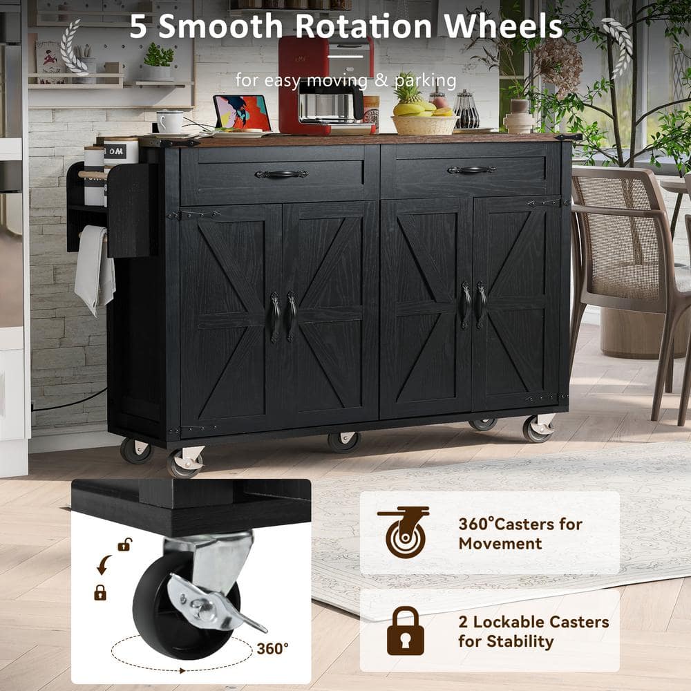 Black and Brown Farmhouse Wood Kitchen Island with Drop Leaf and Wheels
