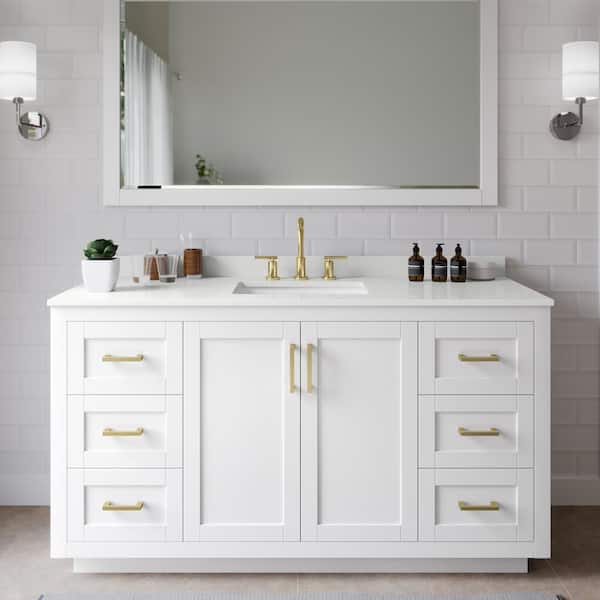 Wyndham Collection Miranda 60 in. W x 22 in. D x 33.75 in. H Single Bath Vanity in White with White Quartz Top and 58 in. Mirror