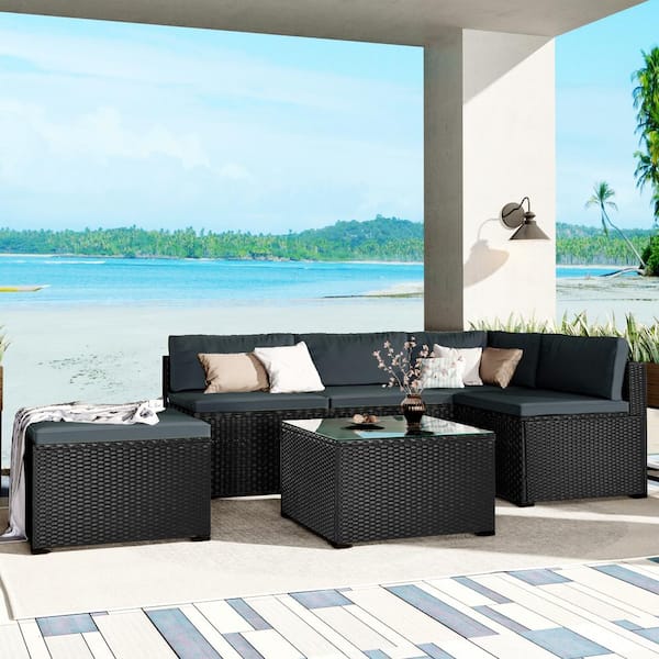 waelph 6-Piece Black Wicker Outdoor Furniture Set Patio Garden Sectional Sofa Chair with Gray Cushions