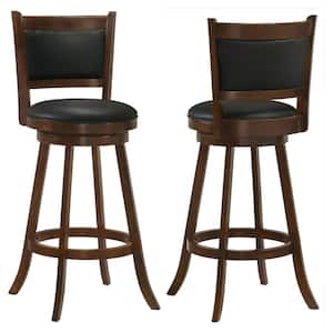 29 in. Chesnut and Black High Back Wood Frame Swivel Bar Stools with Faux Leather Seat (Set of 2)