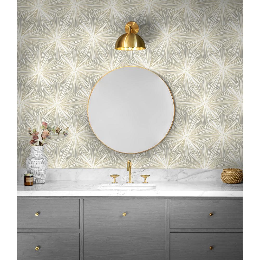 Grey and Metallic Gold Hex Starburst Peel and Stick Wallpaper