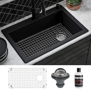 QT-670 Quartz/Granite 33 in. Single Bowl Top Mount Drop-In Kitchen Sink in Black with Bottom Grid and Strainer