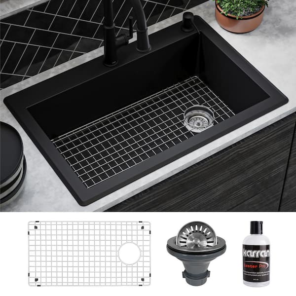 Karran QT-670 Quartz/Granite 33 in. Single Bowl Top Mount Drop-In Kitchen Sink in Black with Bottom Grid and Strainer