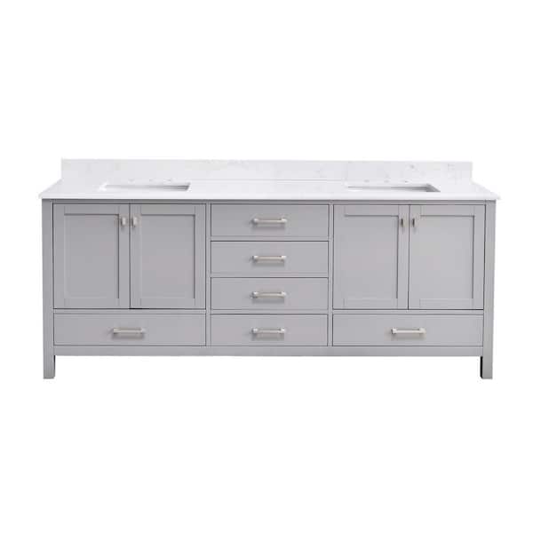StarrySky 84 in. Undermount Double Sink Freestanding Bath Vanity in Gray with White Engineered Stone Top