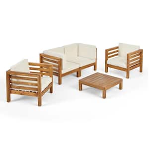 Oana Teak Brown 5-Piece Wood Outdoor Patio Conversation Seating Set with Beige Cushions