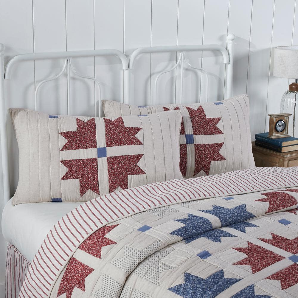 King Size Red Blue Creme Cotton Quilted Sham