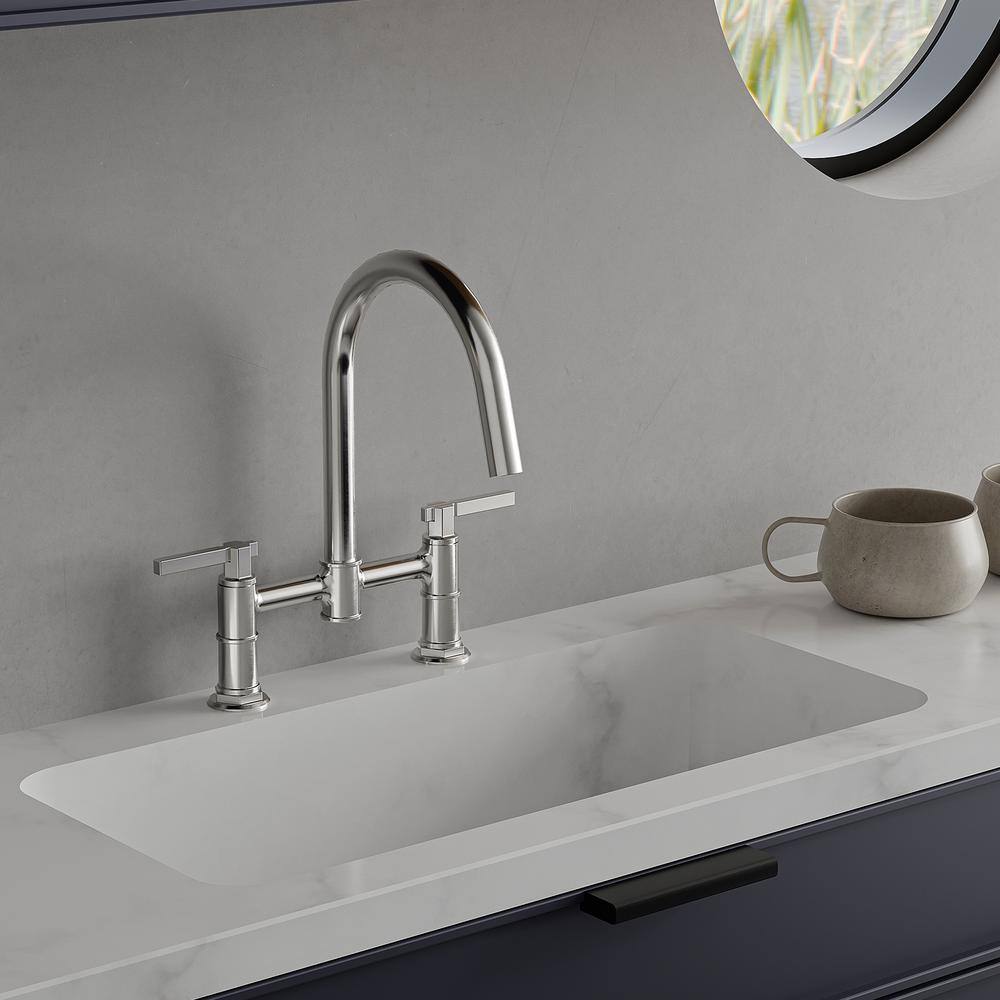 Polished Chrome Double-Handle Bridge Kitchen Faucet with 360 Swivel Spout