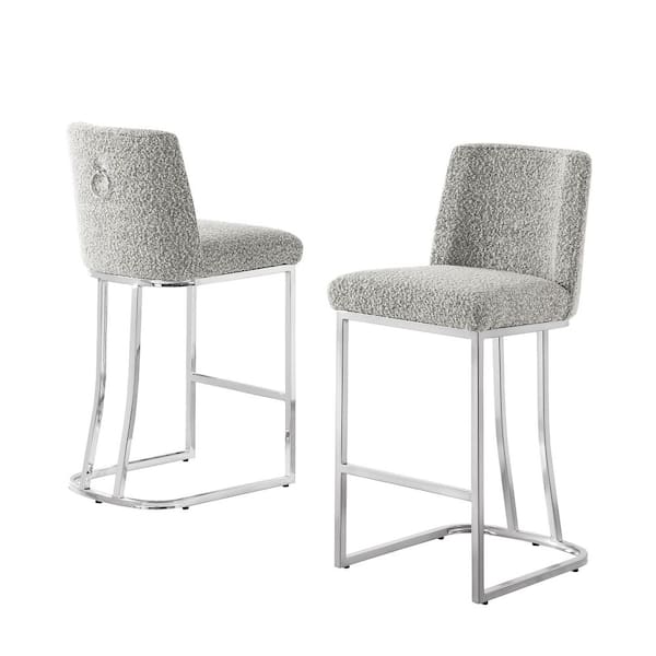 Owen Rich Grey Boucle Fabric Bar Stool (Set of 2) With Chrome Legs
