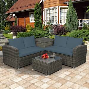 Gray 4-Piece Wicker Outdoor Patio Conversation Seating Set with Gray Cushions