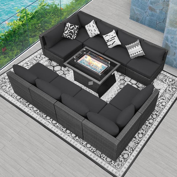 FINCATI Dark Gray Rattan Wicker 10-Seat 11-Piece Patio Fire Pit Deep Seating Set with Dark Gray Cushions and Rectangular Firepit