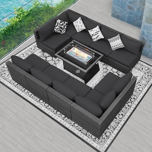 Dark Gray Rattan Wicker 10-Seat 11-Piece Patio Fire Pit Deep Seating Set with Dark Gray Cushions and Rectangular Firepit