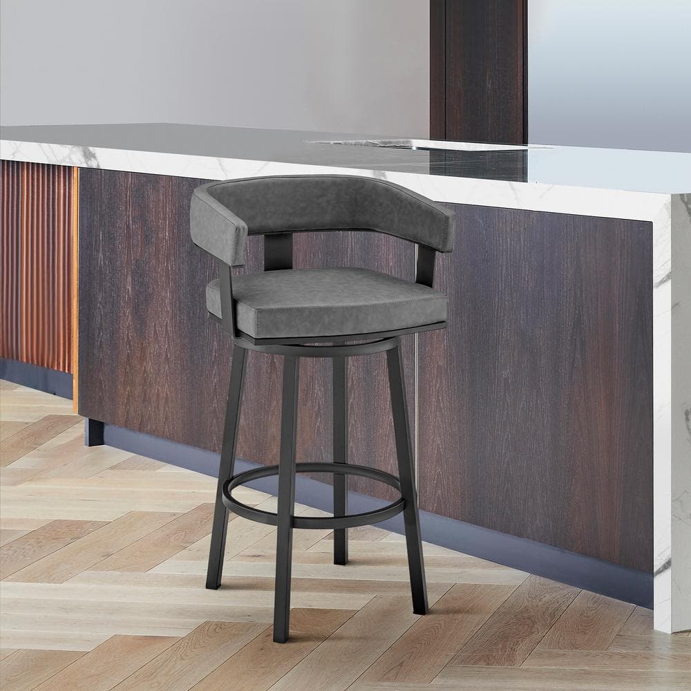 Lux Gray & Black Faux Leather 26" Swivel Metal Bar Stool