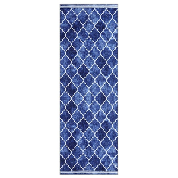 Garvee Vintage Grid Printed Rug Low Pile Non-slip Carpet Washable Area Rug Home Decor Rug Blue, 2X6ft
