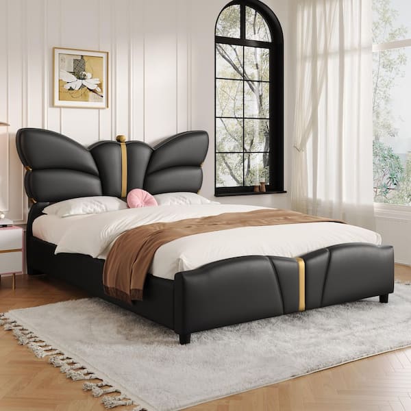 Rowan Black PU Leather Upholstered Wood Frame Full Size Platform Bed with Butterfly Shaped Headboard and Footboard