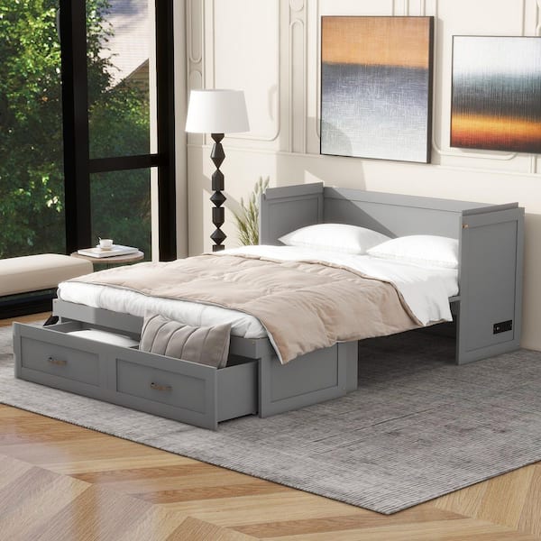 Harper & Bright Designs Gray Wood Frame Full Size Murphy Bed with USB Ports and 2-Drawer