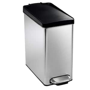 10-Liter Brushed Stainless Steel Slim Profile Step-On Trash Can with Black Plastic Lid