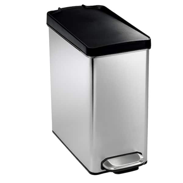 10L Slim Profile Step Bathroom Trash Can, Brushed Stainless Steel with Black Plastic Lid