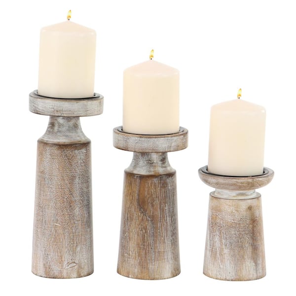 Litton Lane Green Wood Candle Holder (Set of 3) 24831 - The Home Depot