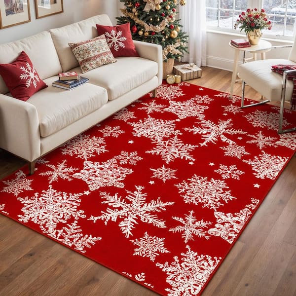 Christmas 4 ft. x 6 ft. Red Snowflakes Area Rug