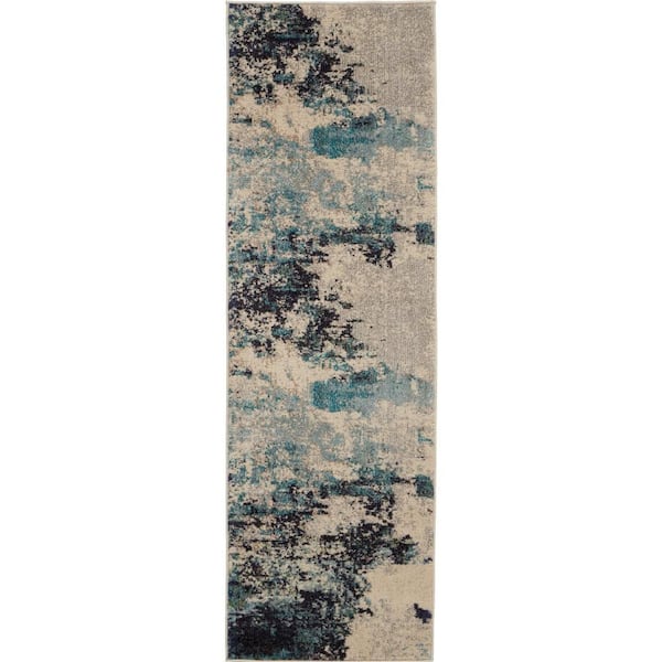 Celestial Ivory/Teal Blue 2 ft. x 6 ft. Abstract Modern Kitchen Runner Area Rug