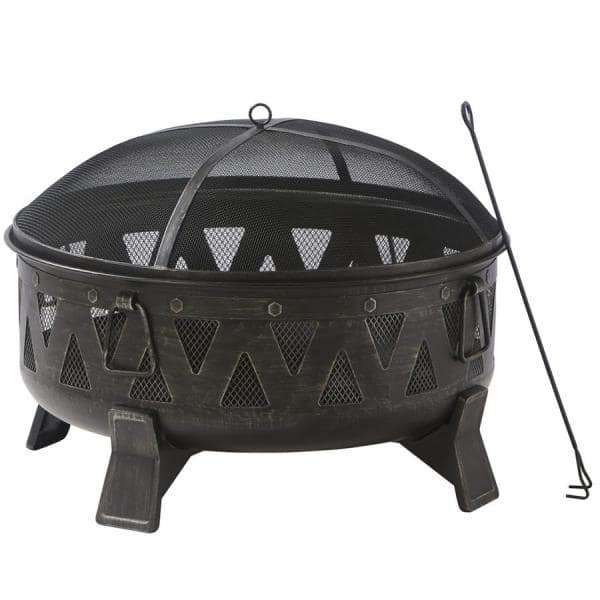 Antique Black Steel Round Wood-Burning Fire Pit with Decorative Cutouts