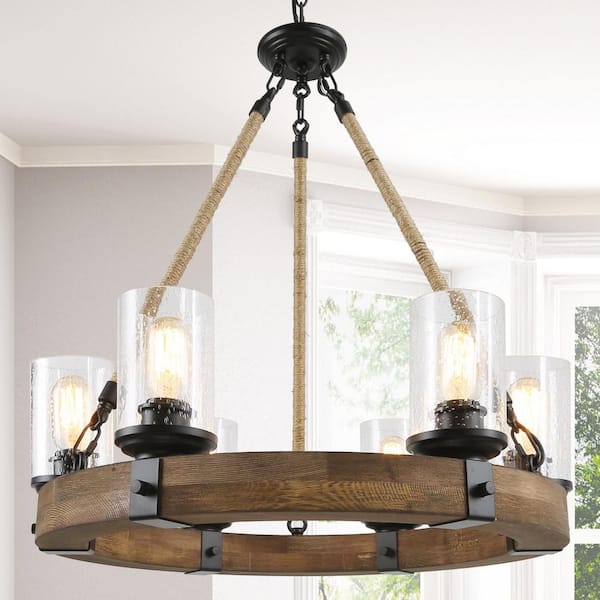 LNC Farmhouse Chandelier 6-Light Black Wagon Wheel Wood Island Chandelier with Clear Seeded Glass Shade and Rope Accents