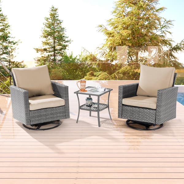 Sonkuki 3-Piece Gray Wicker Outdoor Swivel Rocking Chairs Patio Bistro Set with Side Table Linen Flax Beige Cushion