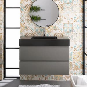 36 in. W x 18 in. D x 25 in. H Wall-Mounted Bath Vanity in Grey with Black Solid Surface Top