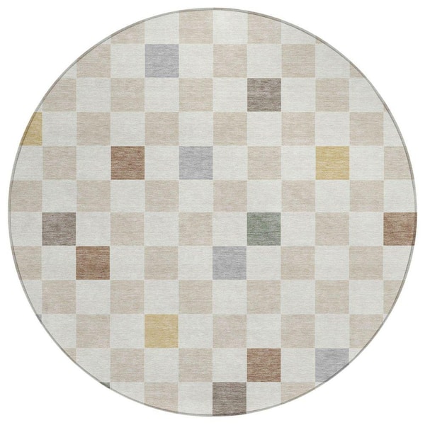 Chantille Machine Washable Indoor/Outdoor Abstract ACN2656 Linen 8 ft. x 8 ft. Round Rug