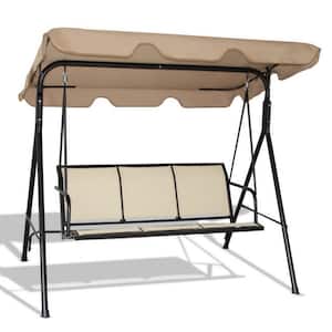 3-Person Metal Frame Patio Porch Swing UV Protection Waterproof Swing with Polyester Angle and Brown Adjustable Canopy