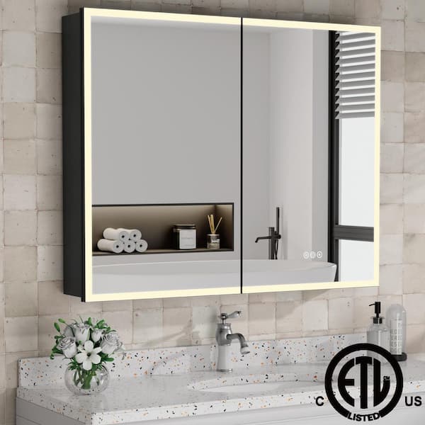 Flora 36 in. W x 32 in. H Rectangular Aluminum Black Recessed Medicine Cabinet with Mirror and Light