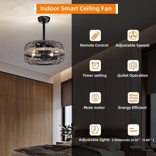 18 in. Indoor Matte Black Cage Ceiling Fan with Lights, Remote Control and Reversible Motor for Living Room, Bedroom Ceiling Fans With Lights