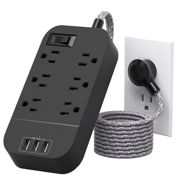 10 ft. Long Flat Extension Cord 6-Outlet AC Overload Protection Surge Protector with On/Off Switch 3 USB-A