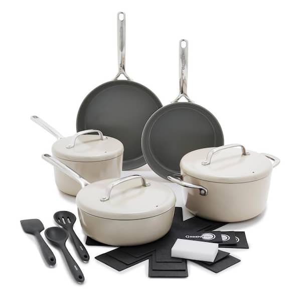 GreenPan GP5 Hard Anodized Aluminum Healthy Ceramic Nonstick 15 Piece Cookware Set in Taupe