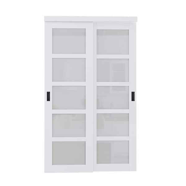 48 in. x 80 in. 5-Lite Frosted Glass Primed White MDF Interior Closet Sliding Door Black Handles and Hardware