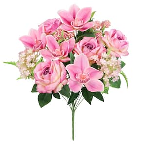 19 in. Fuchsia Pink Artificial Mixed Rose Cymbidium Orchid Snowball Flower Stem Bush Bouquet (Set of 2)