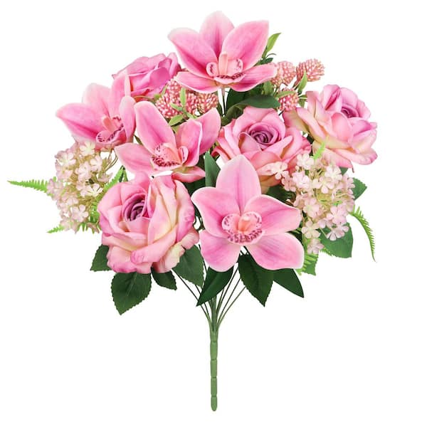 LIVING LUXURY 19 in. Fuchsia Pink Artificial Mixed Rose Cymbidium Orchid Snowball Flower Stem Bush Bouquet (Set of 2)