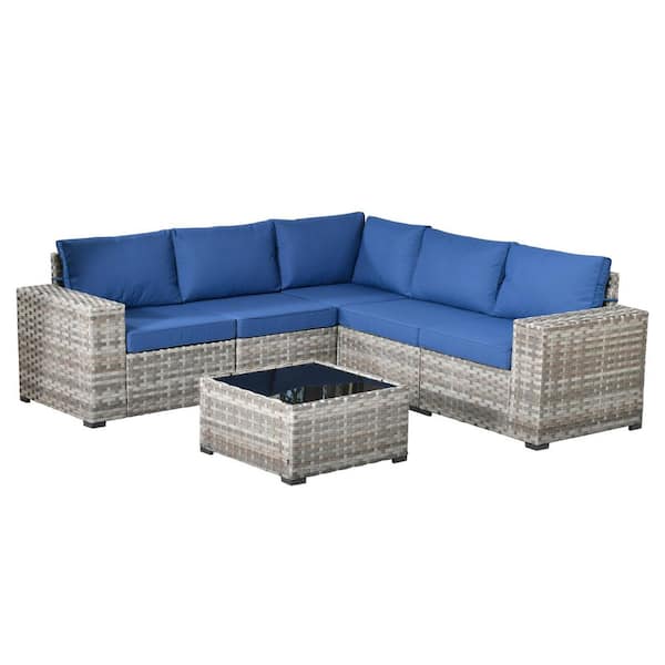 Rouge 6-Piece Wicker Outdoor Sectional Furniture Patio Conversation Sofa Set with a Table and Navy Blue Cushions