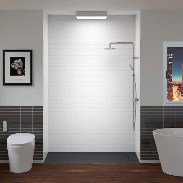 WOODBRIDGE 60 in. L x 36 in. W x 75 in. H 4-Pieces Alcove Shower Kit with Glue Up Shower Wall and Shower Pan in White and Black/BN