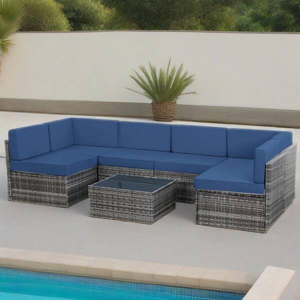 Sudzendf 7-Piece Wicker Outdoor Sectional Set with Navy Cushions
