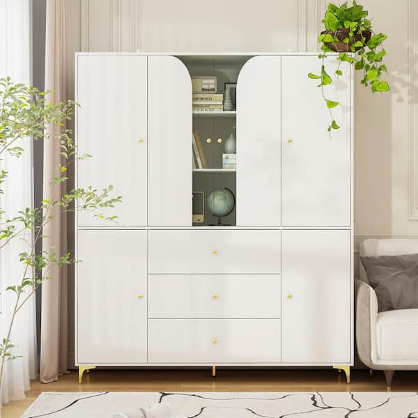 FUFU&GAGA 74.8 in. Tall x 63 in. W White Wood 13-Shelf Accent Bookcase Bookshelf with Adjustable Shelves, Glass Doors and Drawers