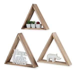 Wall Mount Triangle Wooden Geometric Floating Shelf :Torched Natural :Varying Sizes Set of 3